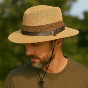Homme portant un chapeau d’été beige avec maille respirante et une ceinture en cuir sur le bas du chapeau