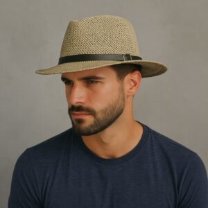 Homme qui porte un chapeau en paille tressée style panama, avec une fine ceinture noire comme détail
